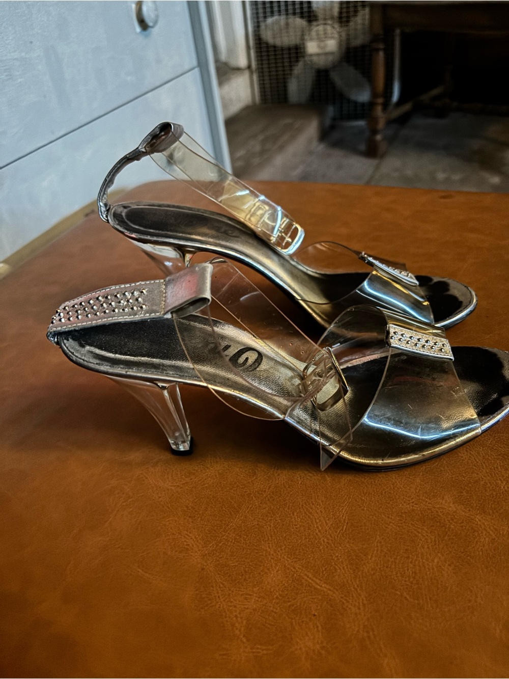 Onex Silver Clear Strap Heels with Rhinestone Detail